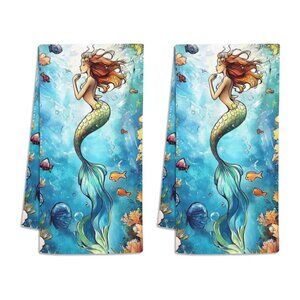 SET of 2 - Super Soft Kitchen Towels - Deep Sea Mermaid Pattern - Beach Decor